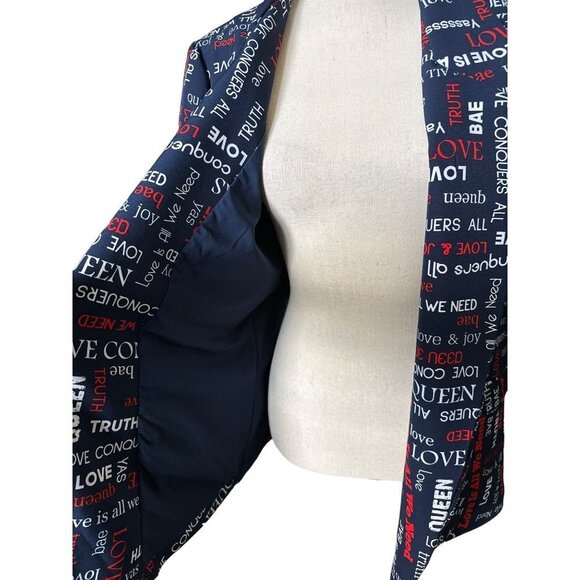 NWT NY&Co Navy Blazer Girl Power Red White QUEEN LOVE BAE Lined Large - Picture 2 of 6